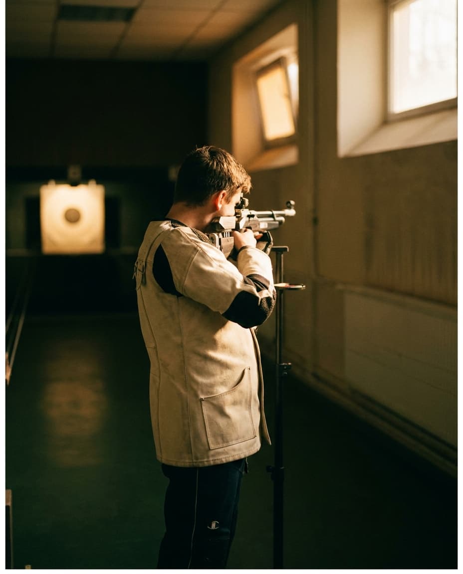 Sportschütze beim Luftgewehr-Training, stehend und freihändig auf 10 Meter