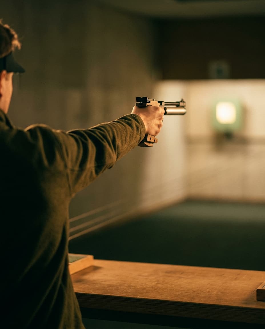 Sportschütze mit ausgestrecktem Arm an der Luftpistole auf 10 Meter